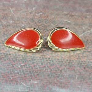 Vintage Tear Drop Red Enamel & Golden Trim Earrings.